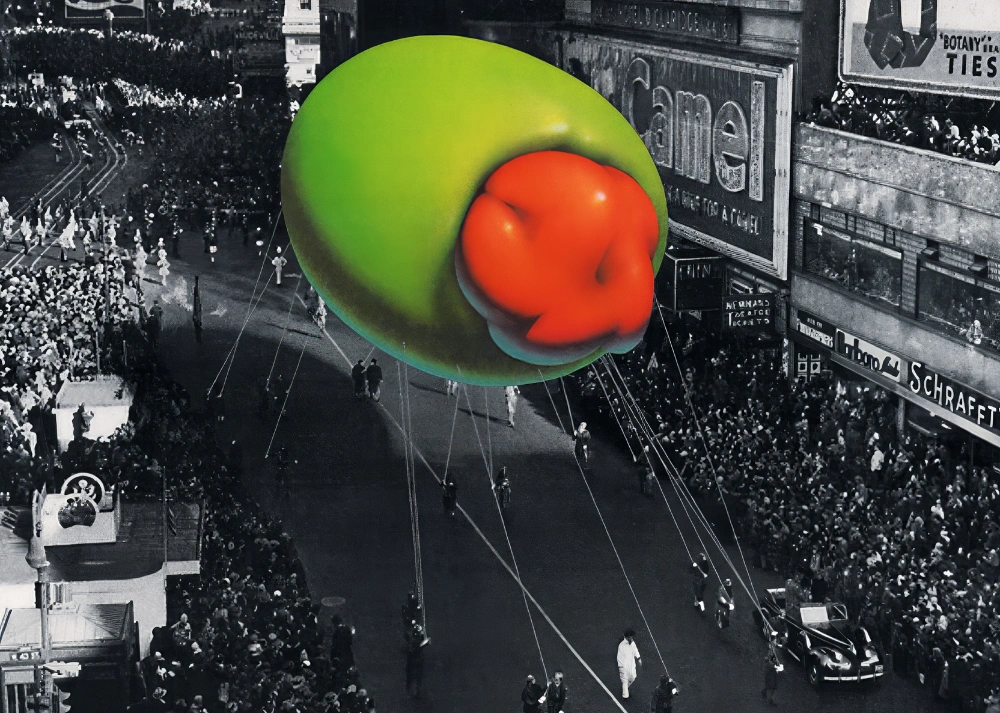 A poster of a giant olive balloon in Macy's Thanksgiving day parade.